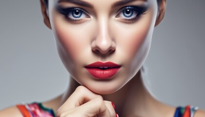  a woman with blue eyes and a red lipstick is posing for a picture with her hand on her chin and her hand on her chin. - Powered by Adobe