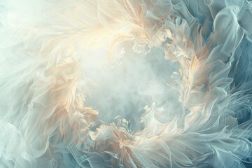 Ethereal Abstract with Swirling Mist and Feathers - Dreamy Pastel Hues and Golden Accents for a...