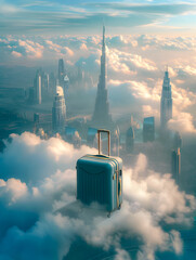 Surreal composition with famous landmarks emerging from a suitcase among clouds, symbolizing wanderlust, A Luxury Travel concept