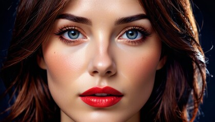 Fototapeta premium a close up of a woman's face with blue eyes and a red lipstick on a dark blue background.