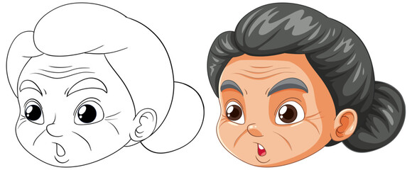 Vector transformation of a character's face from sketch to color.