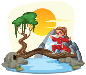 Cartoon kid crossing a river on a log bridge