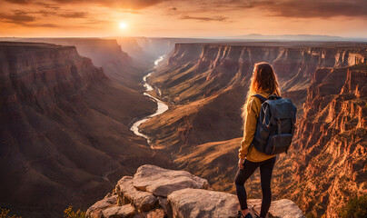 Girl in adventure attire stands at cliff edge, overlooking vast canyon