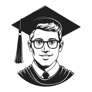 Graduating student vector illustration. Portrait of young man in glasses on graduation ceremony hand drawn black on white background. Education silhouette