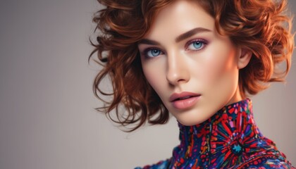 Fototapeta premium a close up of a woman with red hair and blue eyes wearing a collared shirt and posing for a picture.