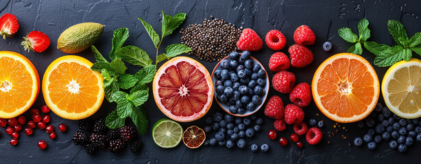 Fresh fruits on wooden background, Healthy diet. Created with Ai