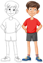 Illustration of a boy, colored and line art versions.