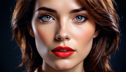  a close up of a woman's face with blue eyes and a red lipstick on her lips, with a black background. - obrazy, fototapety, plakaty
