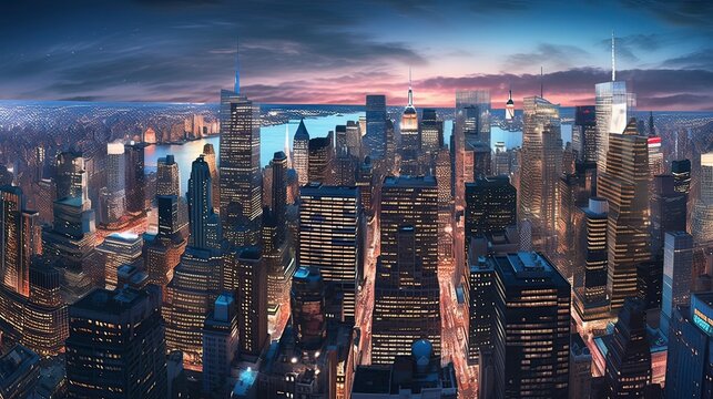 A breathtaking, highly-detailed photograph of a bustling cityscape at dusk, Generative ai.
