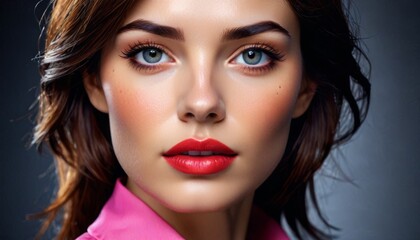 Fototapeta premium a close up of a woman's face wearing a pink shirt and red lipstick with her hair blowing in the wind.