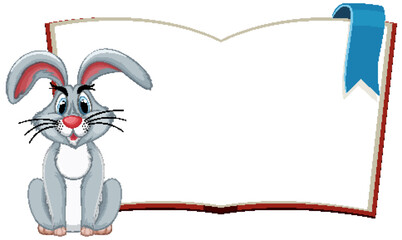 Adorable cartoon rabbit sitting by a blank book - obrazy, fototapety, plakaty