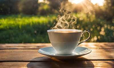 Obraz premium Steaming Cup of Tea in Early Morning