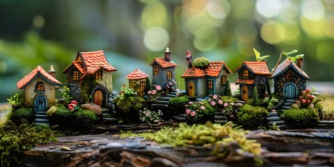Obraz premium Whimsical Fairy Garden Setup Miniature Houses Figurines . Concept Fairy Garden Photoshoot, Miniature Houses, Whimsical Props