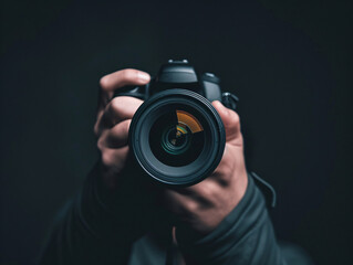Close-Up of a Camera Lens Held by a Photographer Against a Dark Background