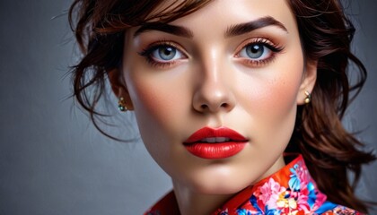 Fototapeta premium a close up of a woman with blue eyes wearing a red shirt and a red flowered tie with her hair blowing in the wind.