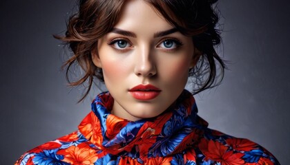  a close up of a person wearing a red and blue shirt with a flowered scarf around it's neck.
