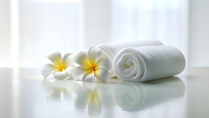 Fototapeta na wymiar Spa Wellness Concept with Frangipani Flowers and White Towels. Minimalist Spa Concept with Plumeria Flowers and Rolled White Towels