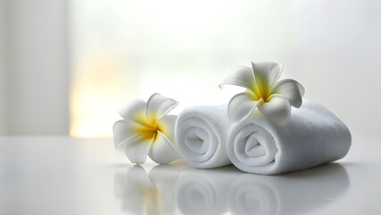 Fototapeta na wymiar Spa Wellness Concept with Frangipani Flowers and White Towels. Minimalist Spa Concept with Plumeria Flowers and Rolled White Towels