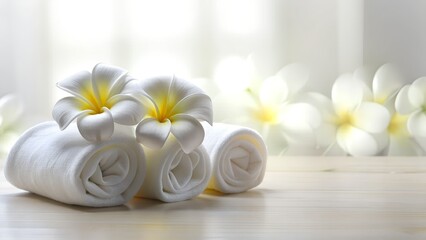 Spa Wellness Concept with Frangipani Flowers and White Towels. Minimalist Spa Concept with Plumeria Flowers and Rolled White Towels
