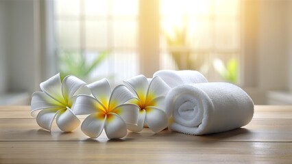 Spa Wellness Concept with Frangipani Flowers and White Towels. Minimalist Spa Concept with Plumeria Flowers and Rolled White Towels