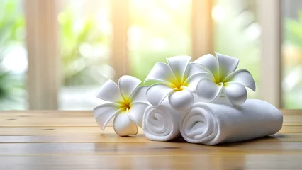 Zelfklevend Fotobehang Spa Wellness Concept with Frangipani Flowers and White Towels. Minimalist Spa Concept with Plumeria Flowers and Rolled White Towels © sanchezz111