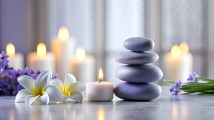 Obraz na płótnie Canvas Serene Spa Composition with Stacked Stones, Candles, and Lavender on Reflective Surface. Frangipani Flowers. Fresh white Plumeria Flowers.