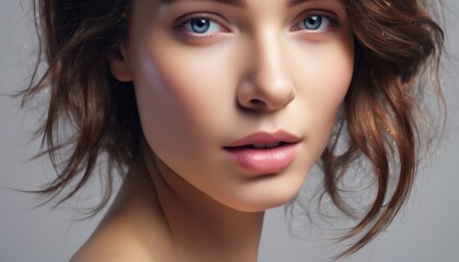 Fototapeta premium a close up of a woman's face with a frizzy brown hair and a blue eyeshadow.