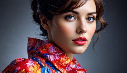  a close up of a woman with blue eyes and a red flowered shirt with a bow around her neck.