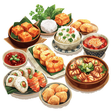 a various of thai food disches on white background, suitable for crafting and digital design projects, clipart sets of minimal illustration