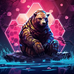 Amidst the hexagons a bears visage appears