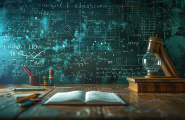 Mathematical numbers and formulas on the board. Background