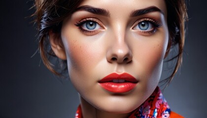 Fototapeta premium a close up of a woman with blue eyes and a red scarf around her neck and red lipstick on her lips.