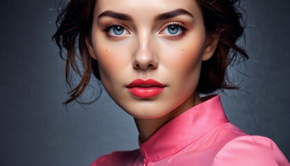 Fototapeta premium a close up of a woman with blue eyes wearing a pink shirt and a pink shirt with a pink collar.