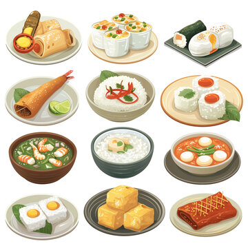 a various of Thai food on white background, suitable for crafting and digital design projects, illustration style