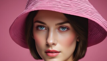  a woman with a pink hat on her head and a pink shirt on her shirt is looking at the camera.