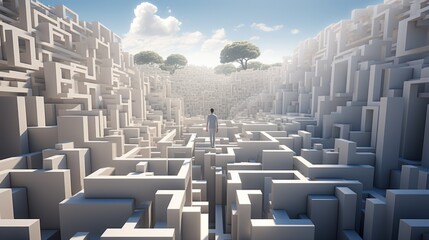 Man perplexed by intricate maze under clear blue sky with lush trees