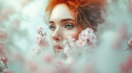 Serene Woman With Floral Headpiece in Misty Ambiance