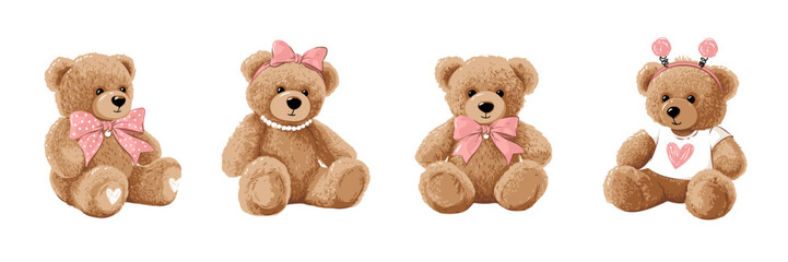 Cute little teddy bear doll set. Vector illustrations isolated on white background.