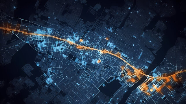 City map illustration, data visualization of urban traffic patterns and congestion