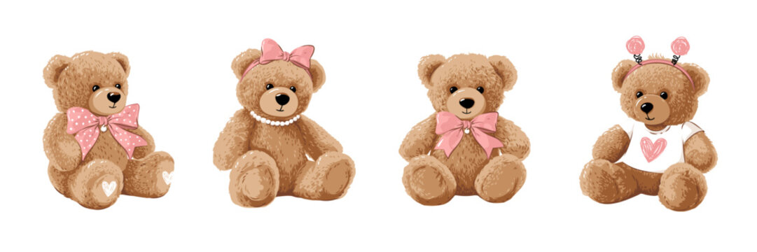 Naklejki Cute little teddy bear doll set. Vector illustrations isolated on white background.