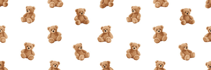 Cute cartoon bear doll background for babies and children. Fluffy soft stuffed toys seamless pattern.