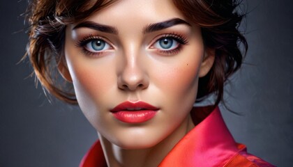 Fototapeta premium a close up of a woman with blue eyes wearing a red shirt and a red collared shirt and red lipstick.