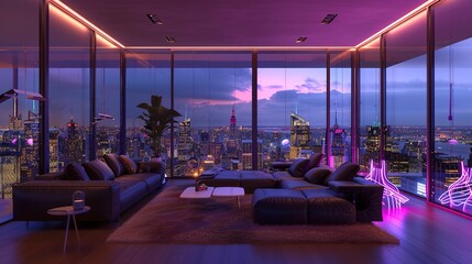 An avant-garde living room with floor-to-ceiling windows offering panoramic views of the city skyline, accented by neon-lit sculptures and furniture for a contemporary and cosmopolitan vibe. - obrazy, fototapety, plakaty