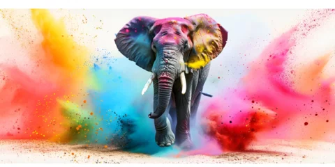 Poster Happy Holi Indian Hindu festival of colors happy Holi festival with an elephant, Pictorial elephant portrait with bright abstract paint splatter.  © saqib