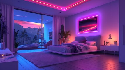 A chic bedroom design with a neon accent wall casting a soft glow over a contemporary platform bed, complemented by neon artwork and accent lighting for a bold and vibrant ambiance.