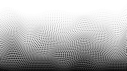 Optical spotted texture. Abstract background with dots. Halftone dot pattern. Wavy half tone effect. Black white banner. Futuristic pop art print. Monochrome vector illustration.