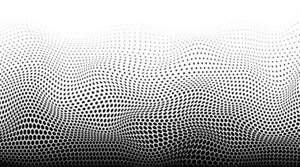 Poster Optical spotted texture. Abstract background with dots. Halftone dot pattern. Wavy half tone effect. Black white banner. Futuristic pop art print. Monochrome vector illustration. © Iryna