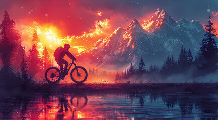 Cyclist silhouette against a vibrant sunset with majestic mountains and reflective water.
