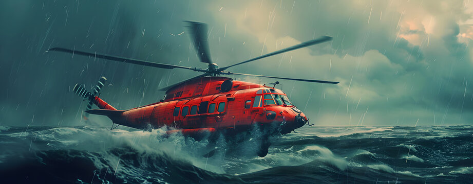A red helicopter is flying over the ocean in the rain. The helicopter is on a rescue mission