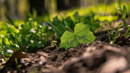 Green leaf with the text Earth Day